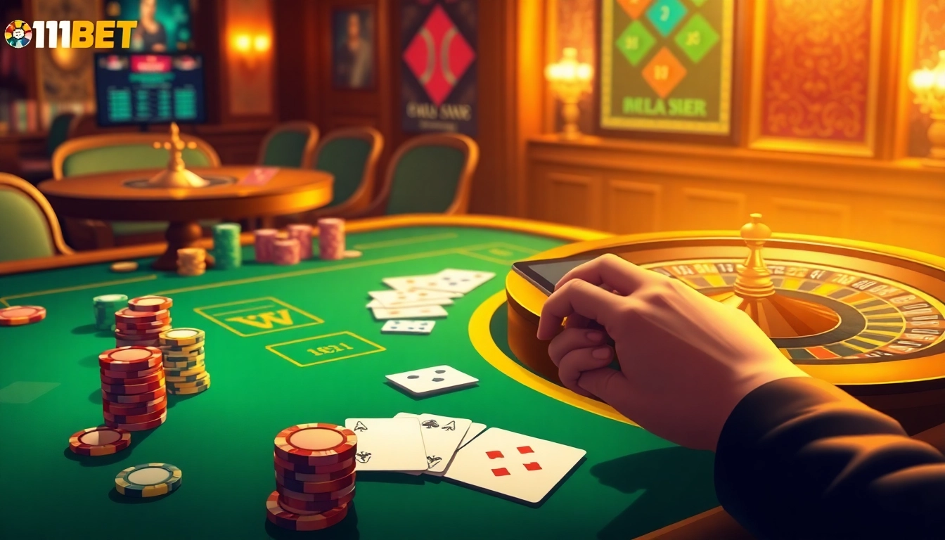 Experience the thrill of Nhà cái 11BET with a vibrant online casino scene showcasing poker chips and roulette.