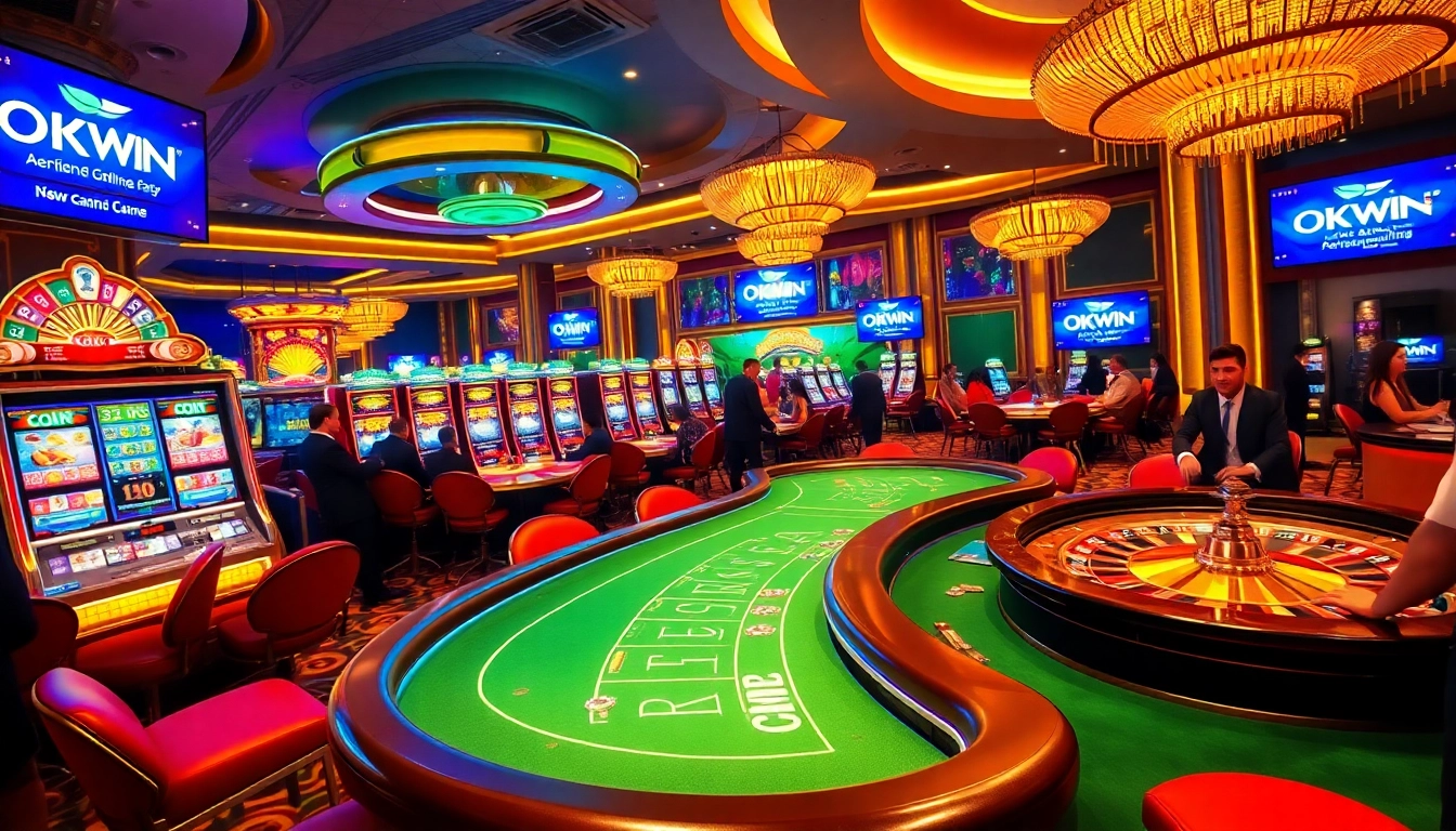 OKWIN casino featuring vibrant tables, slot machines, and lively players enjoying games.