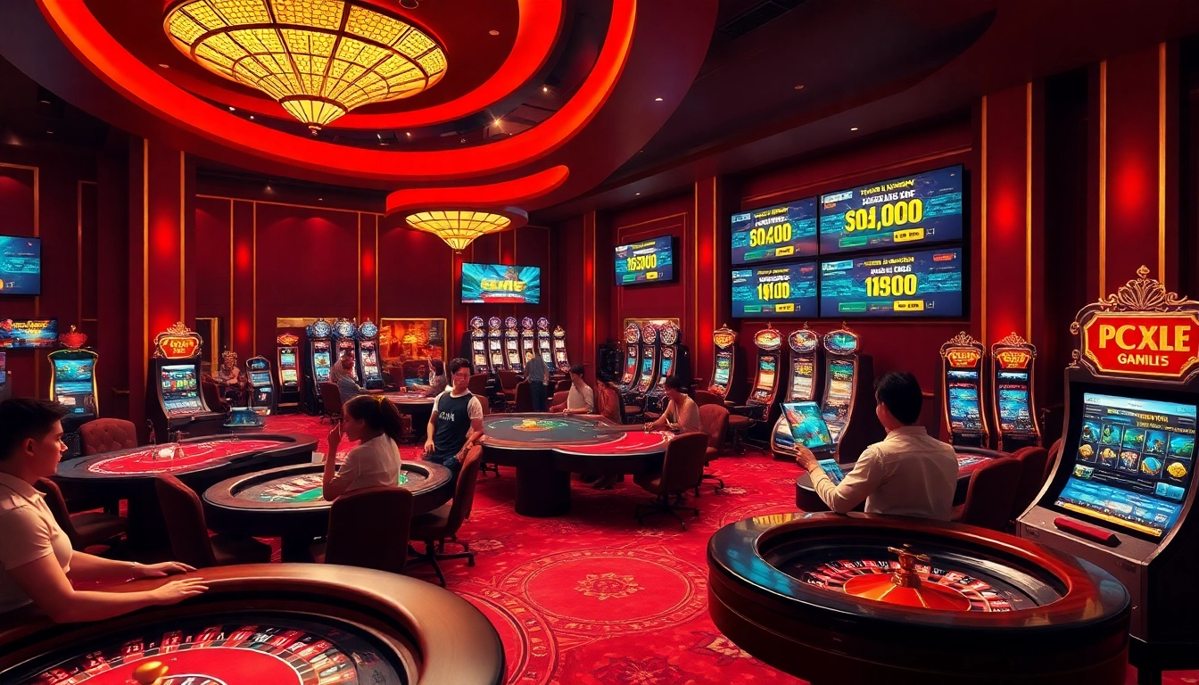 Exciting scene of a casino with players engaging in games, highlighting trang chủ lode88 gaming experience.