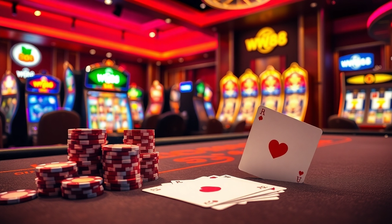 Engaging casino gameplay with ww88 themed poker chips and cards on a luxurious table.