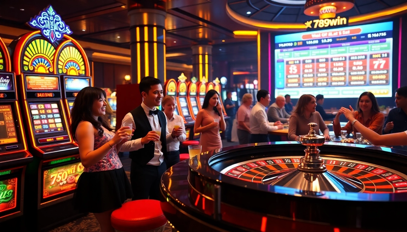 Players enjoy colorful slot machines and roulette at 789win's vibrant casino.