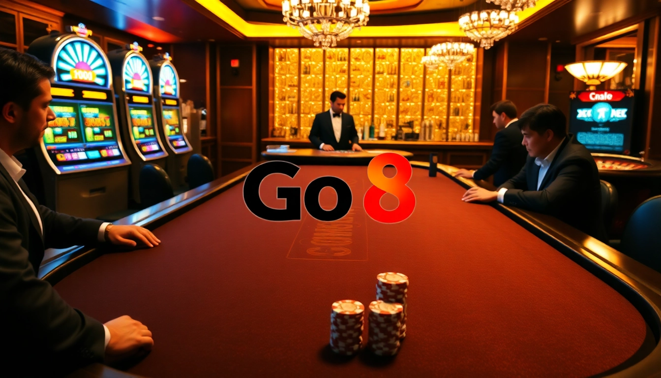 Engaging players at Go8 enjoy a high-stakes poker game in a luxurious casino setting.