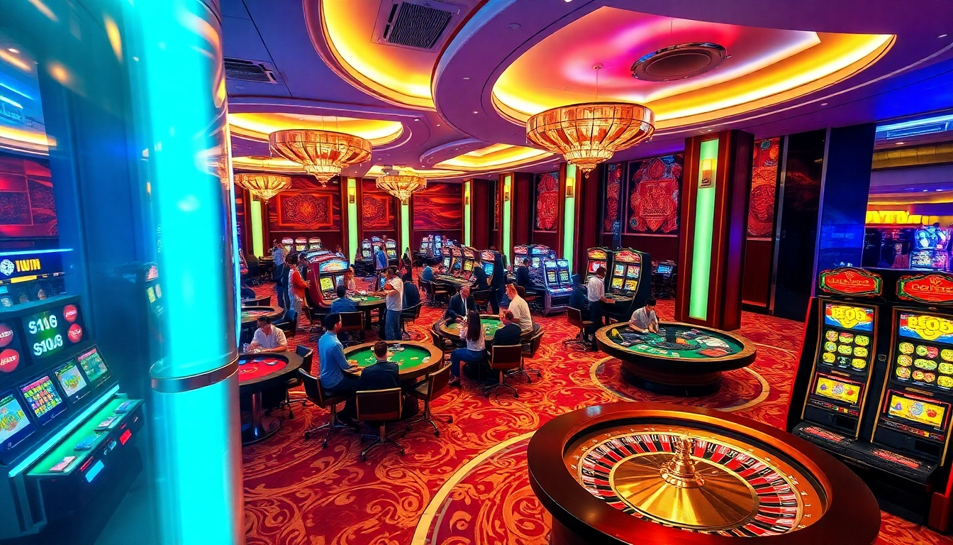 Experience the thrill of iwin casino games at a luxurious gaming table with vibrant slots and excited players.