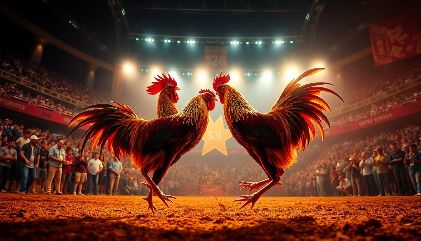 Live cockfighting experience at SV368, showcasing intense rooster matches and engaged spectators.