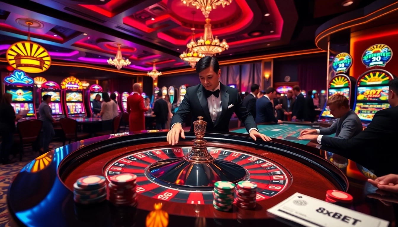 Players enjoying a thrilling game at the 8xbet.com casino table with vibrant chips and roulette wheel.