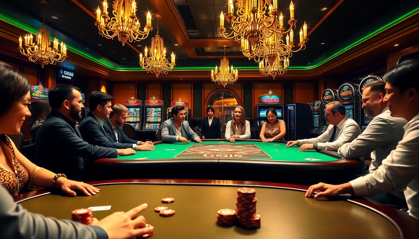 Players enjoying a thrilling poker game at the luxurious GG88 gaming table, surrounded by colorful slot machines.