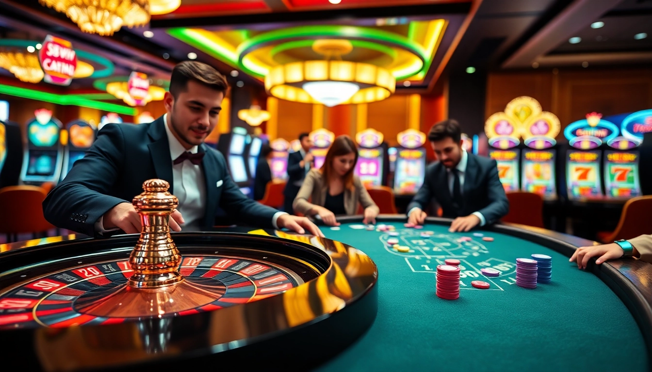 Players enjoying thrilling games at the 58win vip casino with vibrant roulettes and poker tables.