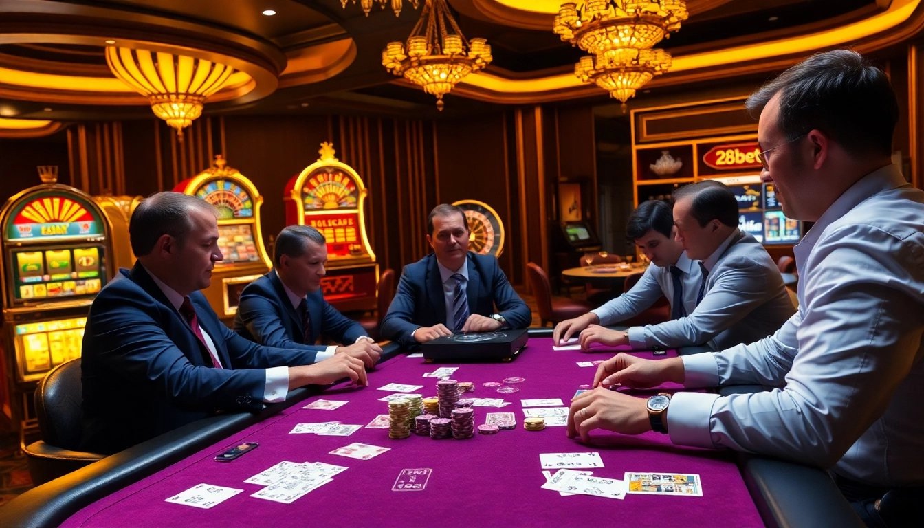 28bet players strategizing at a luxurious casino table, surrounded by vibrant gaming elements.