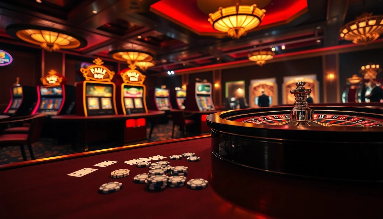 Experience the thrill of gambling at 8kbet cc with luxurious casino visuals featuring tables, slot machines, and vibrant atmosphere.