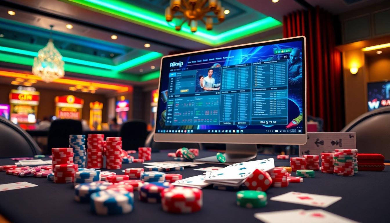 Experience the thrill of online gambling with rikvip nhà cái's exciting interface surrounded by dynamic casino elements.