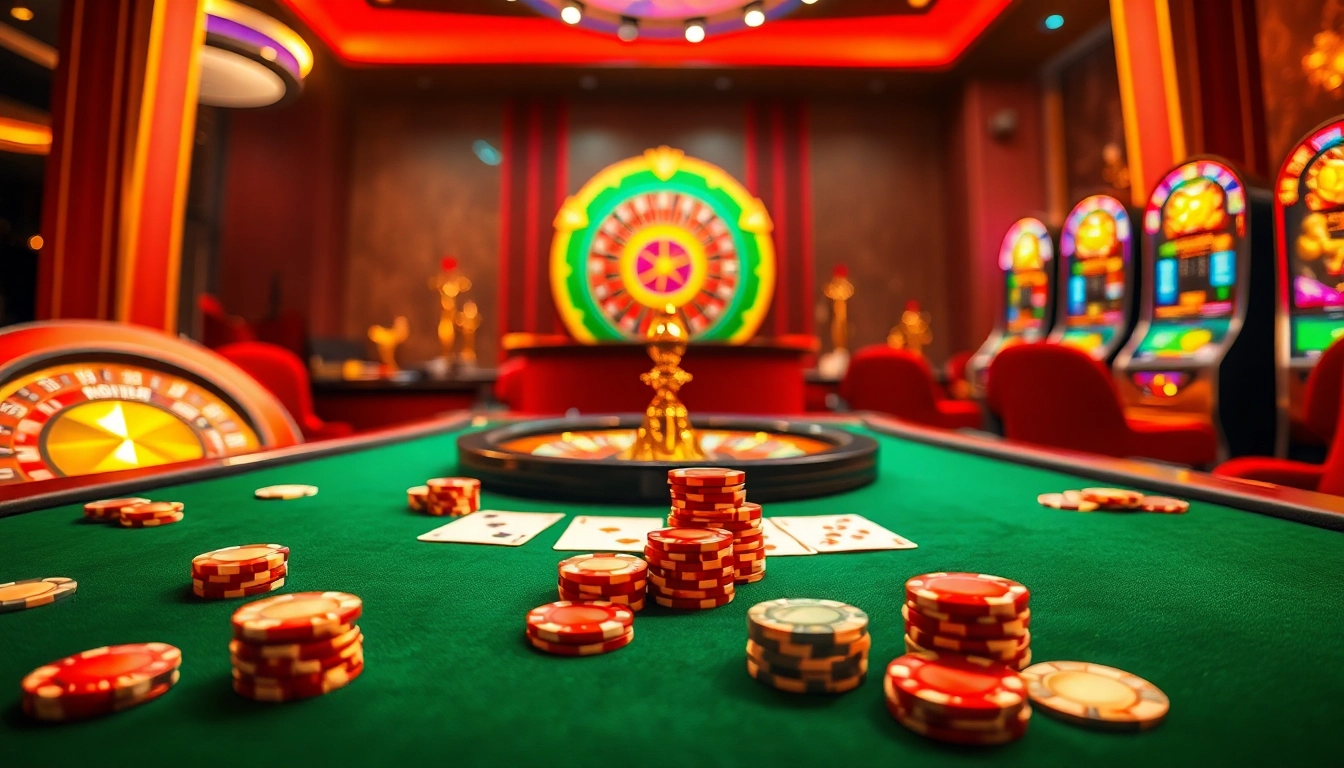 High-stakes gaming action at a luxurious casino with elements from https://33winn.gold/, featuring cards, chips, and roulette.