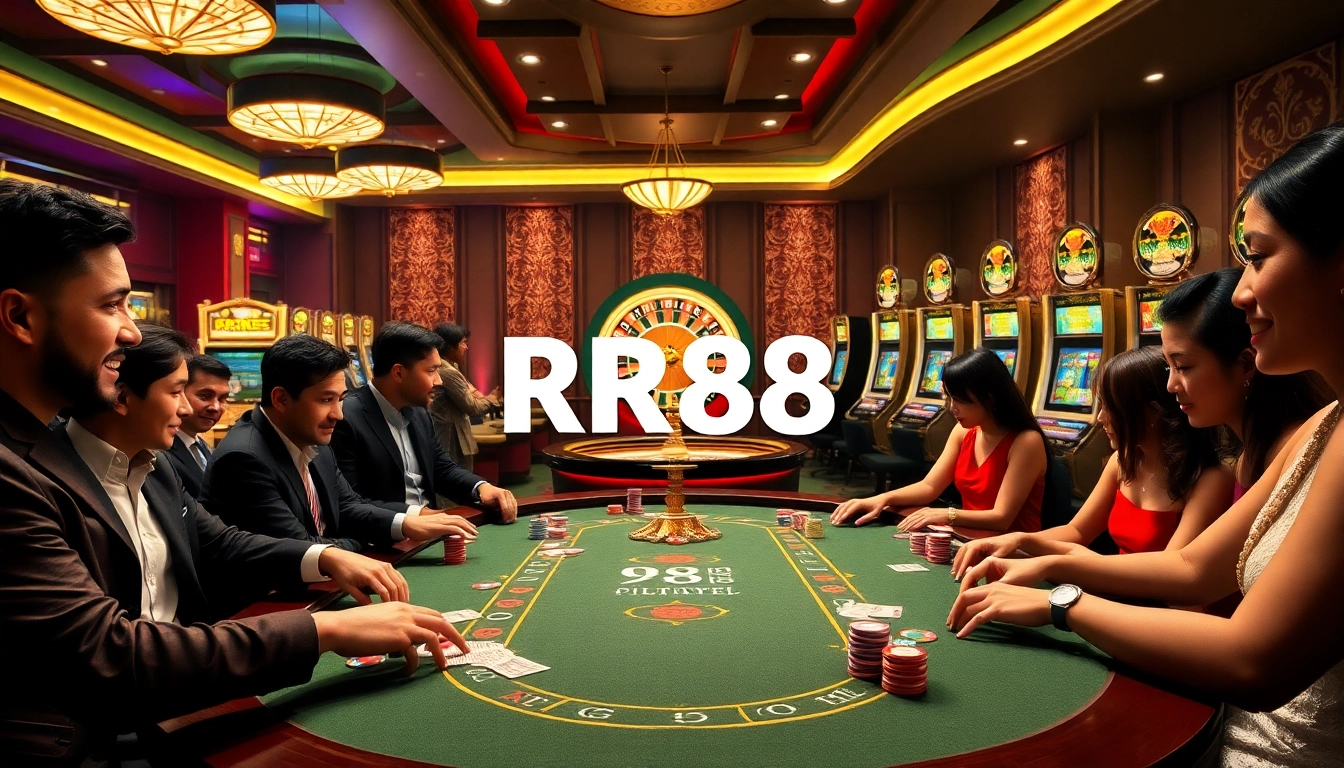 Experience the thrill of RR88 at an upscale casino with poker games, roulette, and vibrant slot machines.