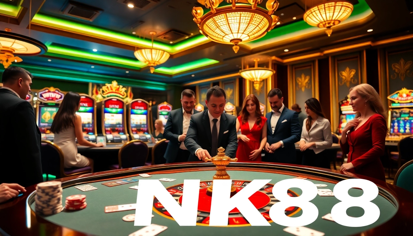 Players gathered around a gambler's table at NK88 casino, engaged in strategic gameplay.