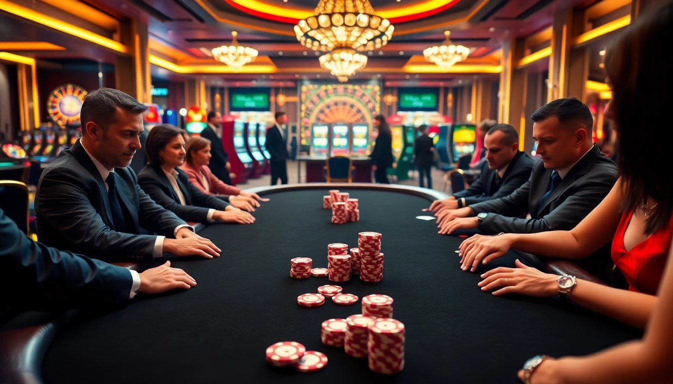 Gamblers enjoying a strategic poker game at a luxurious casino table, showcasing 123win excitement and sophistication.