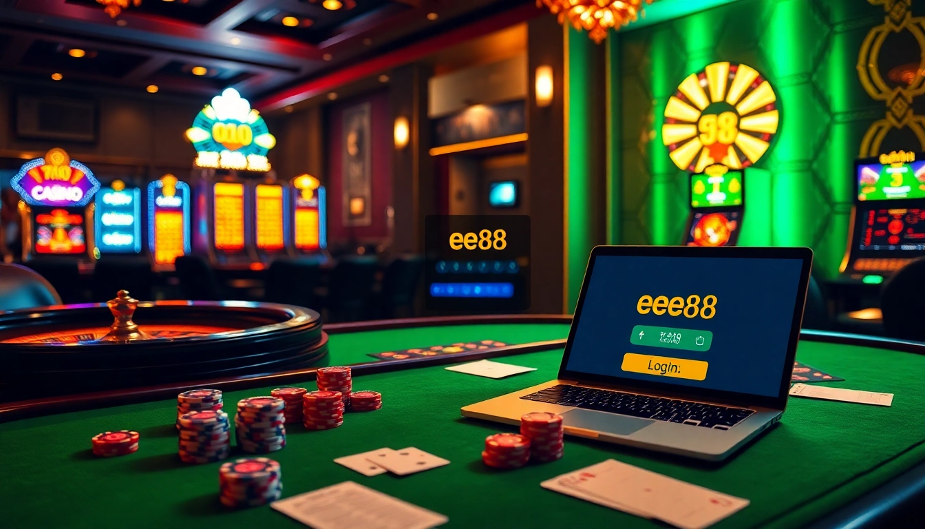 Accessing the ee88 link đăng nhập on a vibrant casino table with poker chips and glowing slot machines.