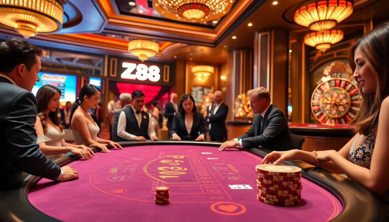 Experience the excitement of AZ88 at a luxurious casino with poker chips and vibrant ambiance.