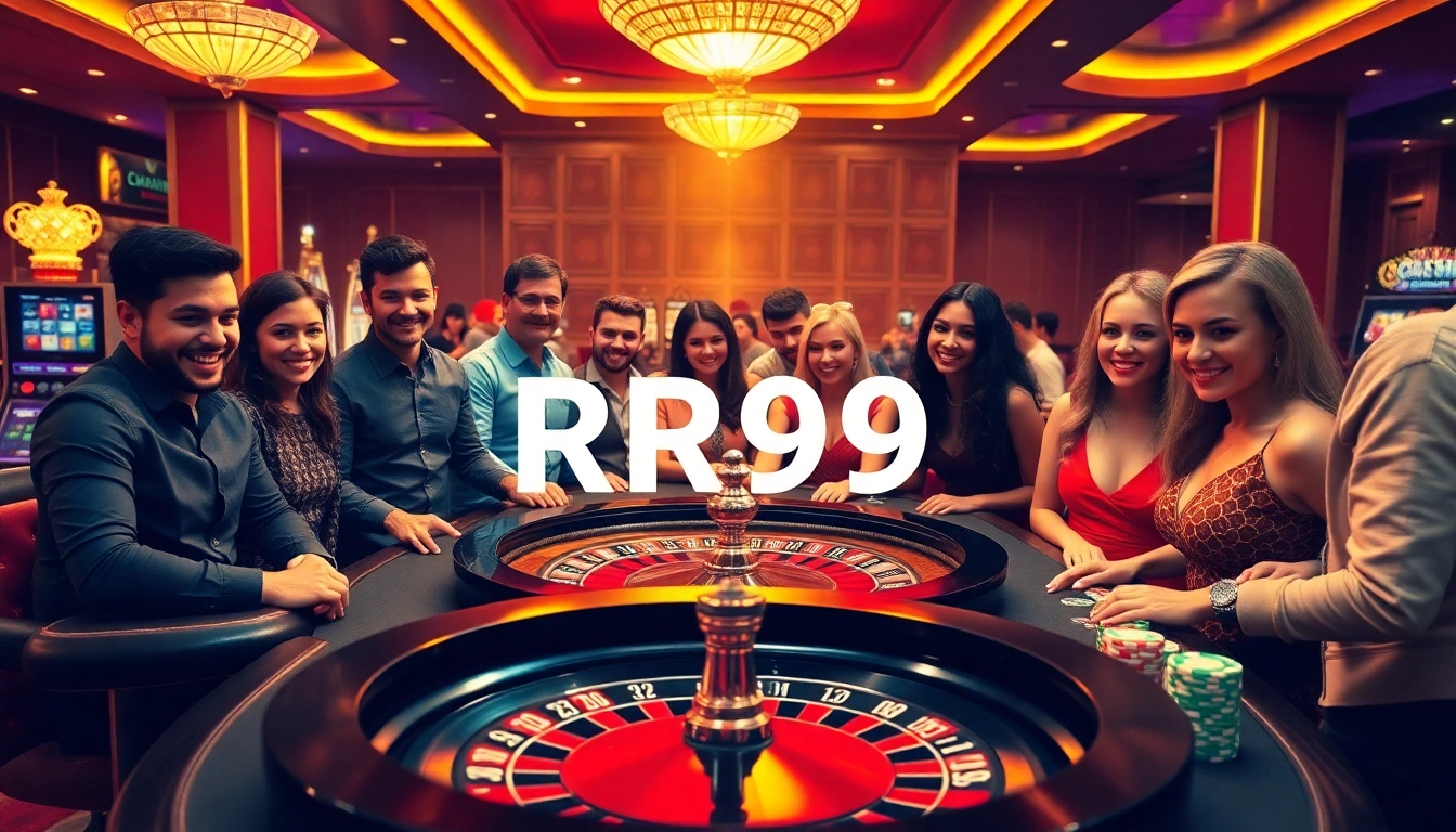 Experience the excitement of RR99 with vibrant casino gaming tables and vibrant poker chips.