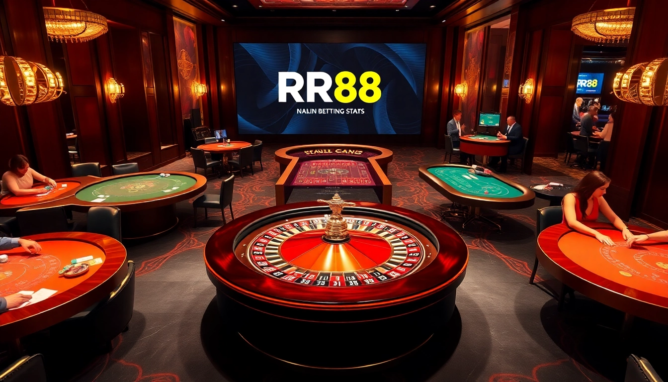 Exciting roulette game scene at RR88 casino with vibrant chips and players.