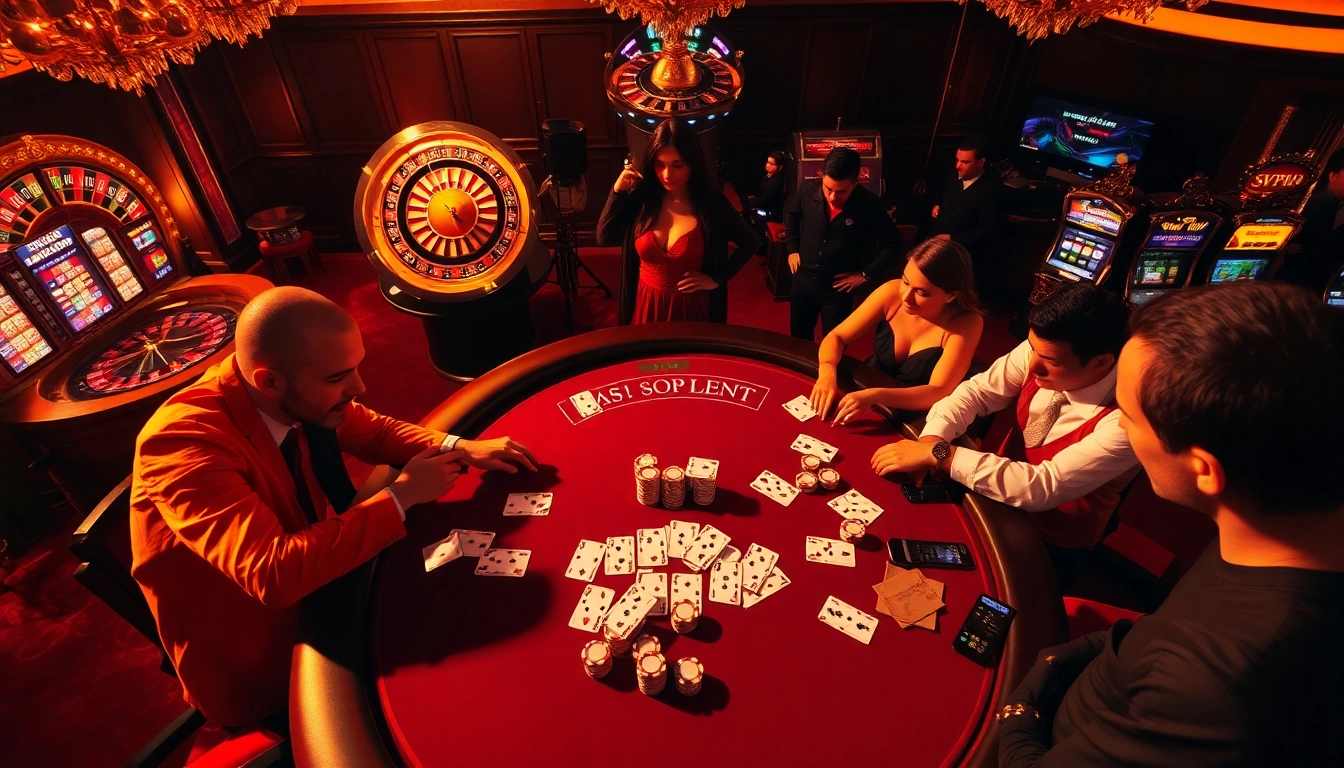 Players enjoy high-stakes poker at SV88TV amidst a luxurious casino atmosphere.