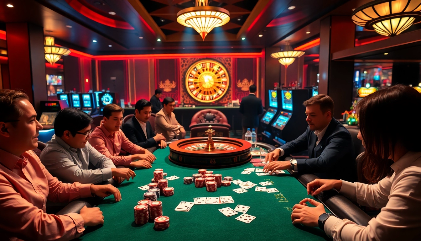 Experience thrilling gameplay at https://mm88.agency/ with vibrant casino elements like poker chips and bright slot machines.