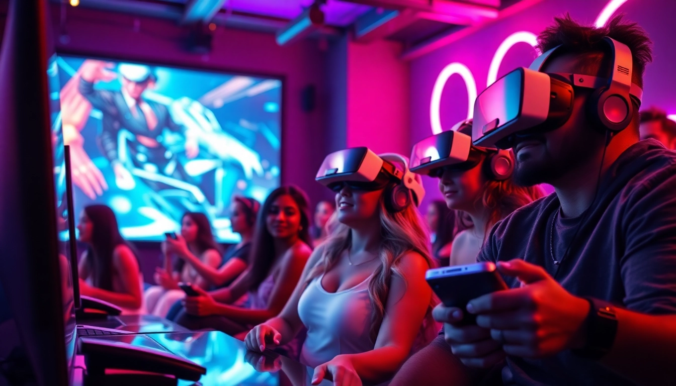 Engaged players experiencing interactive porn games in a vibrant gaming lounge.