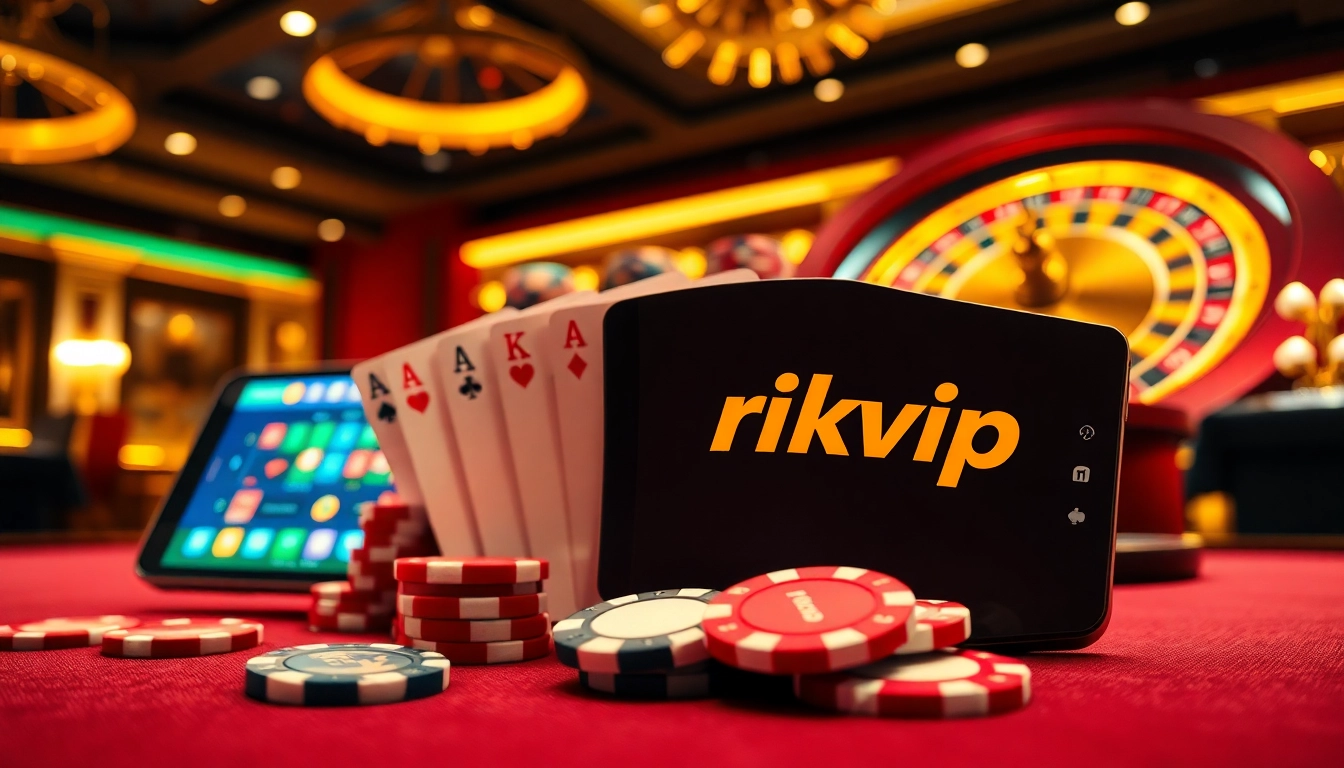 Exciting scene of a high-stakes game on rikvip featuring elegant poker chips and a bright roulette wheel.