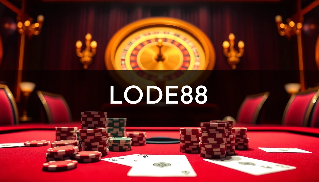 LODE88 online gambling scene featuring an elegant casino setup with poker chips and roulette.
