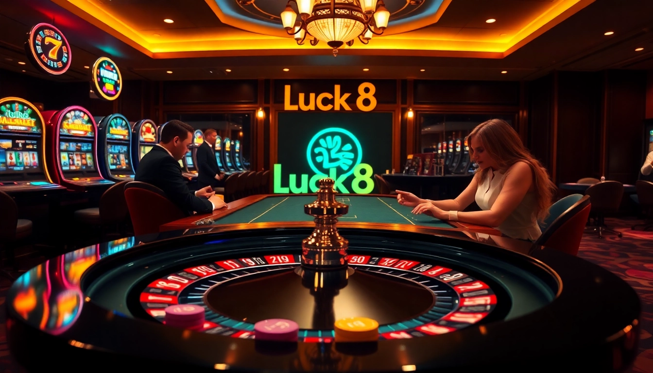 Gambling excitement at Luck8 casino with players at the roulette table and slot machines.