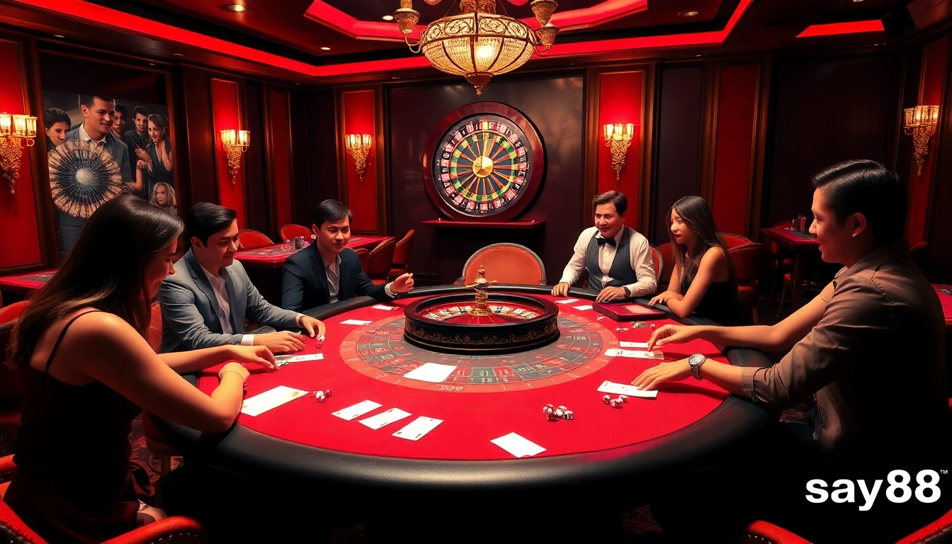 Exciting gameplay at say88 casino featuring poker, roulette, and vibrant gambling atmosphere.