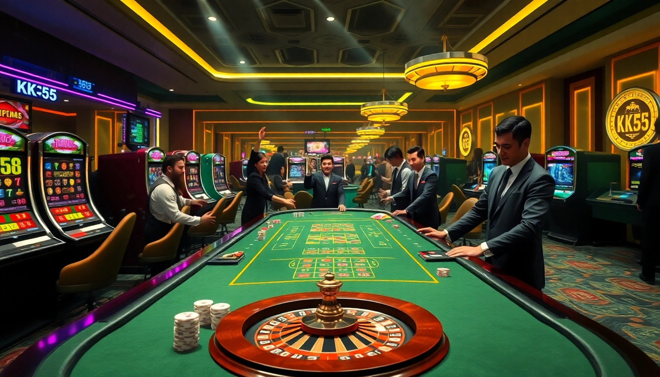 Exciting KK55-themed gambling table surrounded by slot machines and poker chips in a luxurious casino.