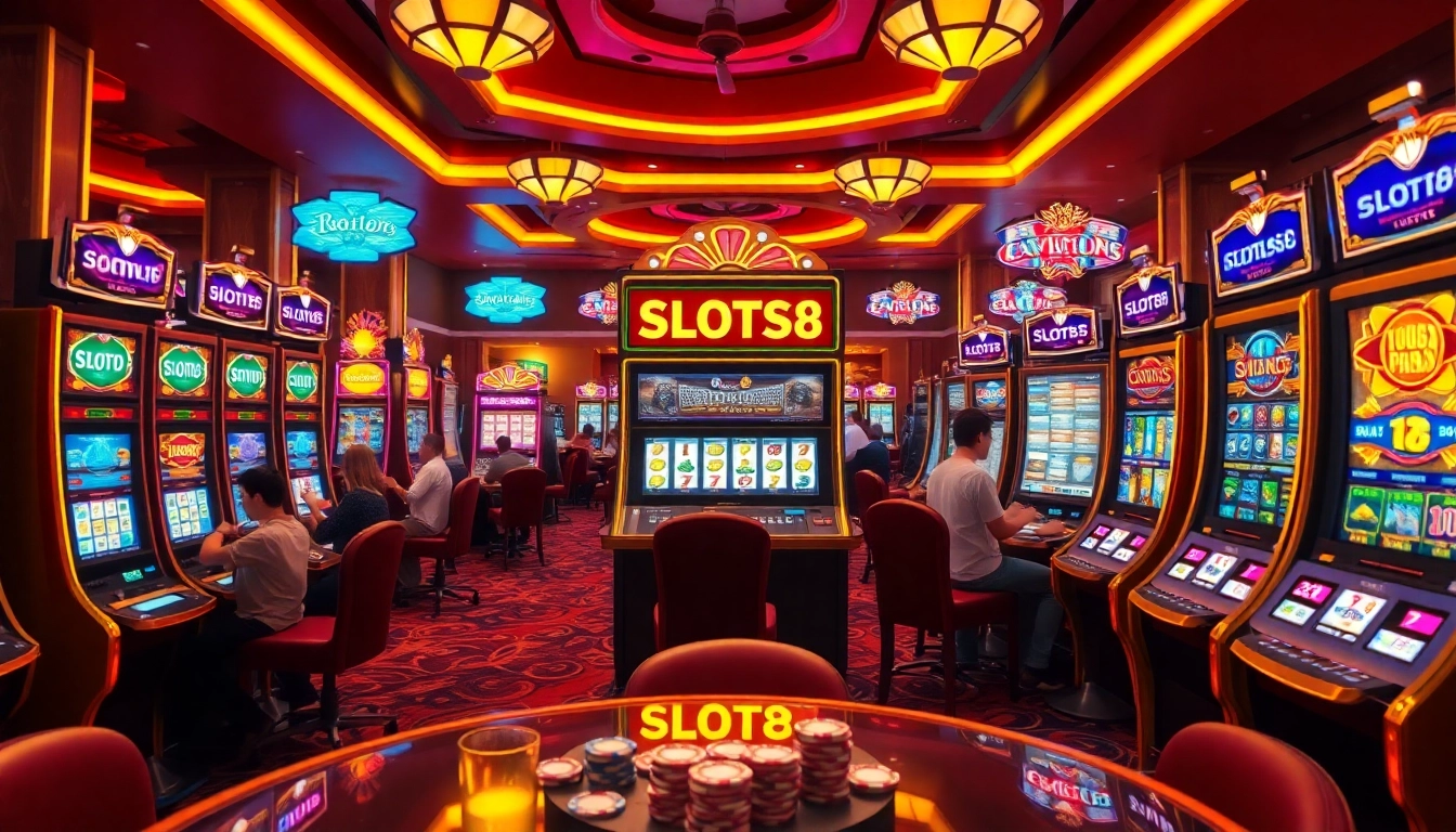 SLOTS8 players winning big at colorful slot machines in a vibrant casino atmosphere