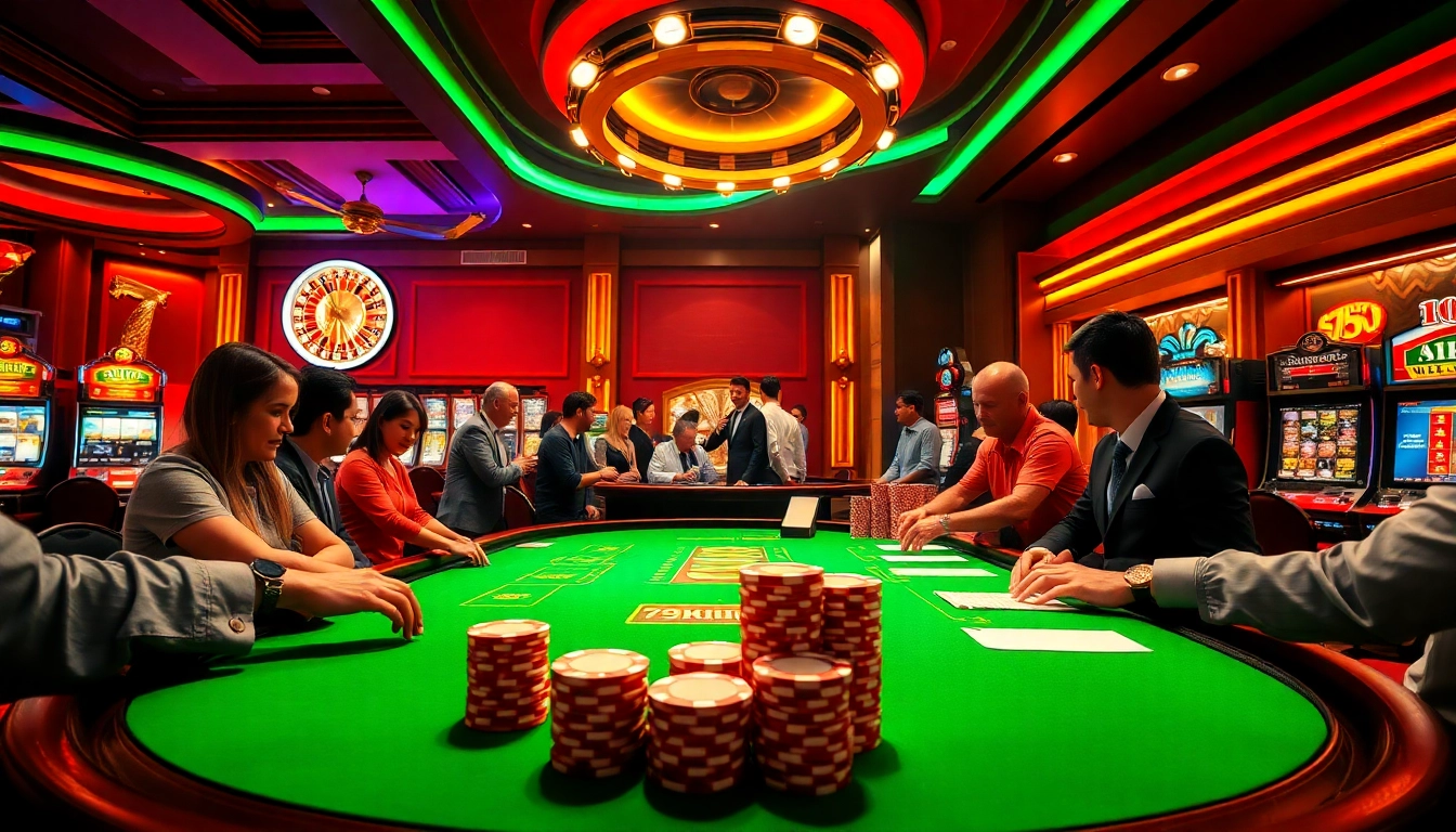Exciting casino gameplay at 79king with vibrant poker, roulette, and flashing slot machines.