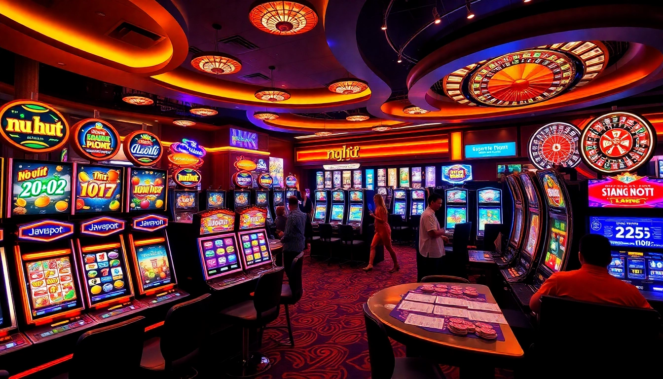 Engaged players enjoying slot games featuring nổ hũ with vibrant visuals in a lively casino atmosphere.