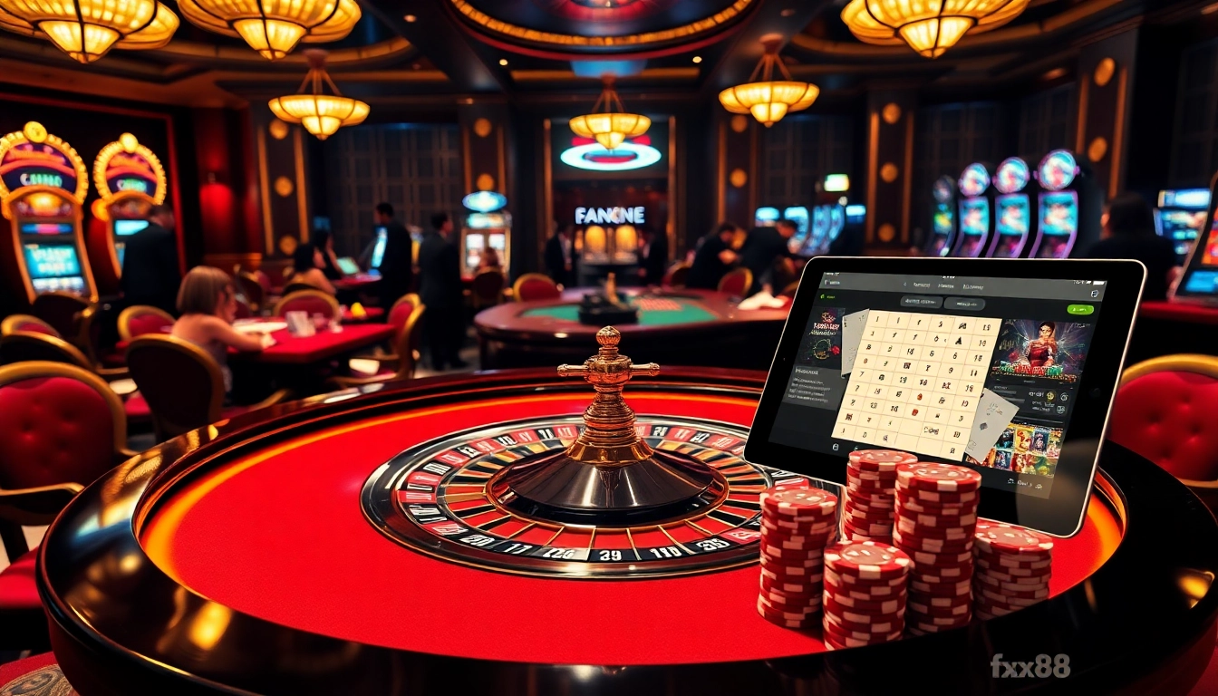 Experience the thrill of gambling with https://xx88.directory/, showcasing a luxurious casino scene filled with roulette, cards, and chips.