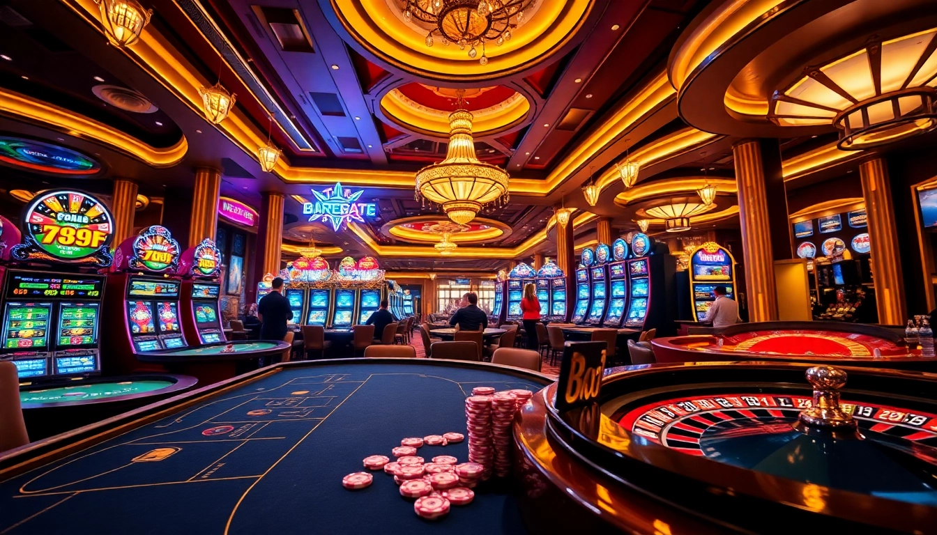 Experience the thrill of gambling with 789F at lively tables featuring poker chips and vibrant slots.