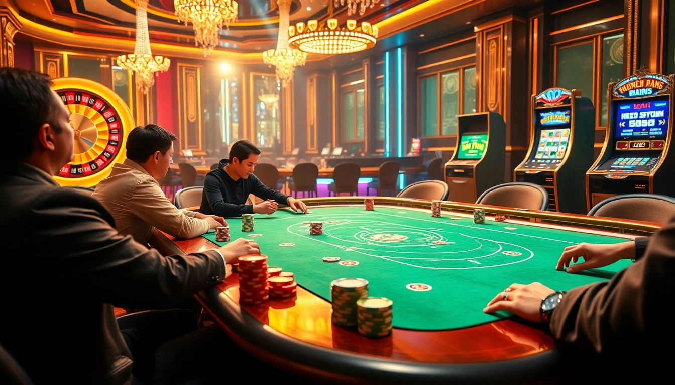Players enjoying a thrilling game of poker at 8kbet casino, surrounded by vibrant colors and excitement.