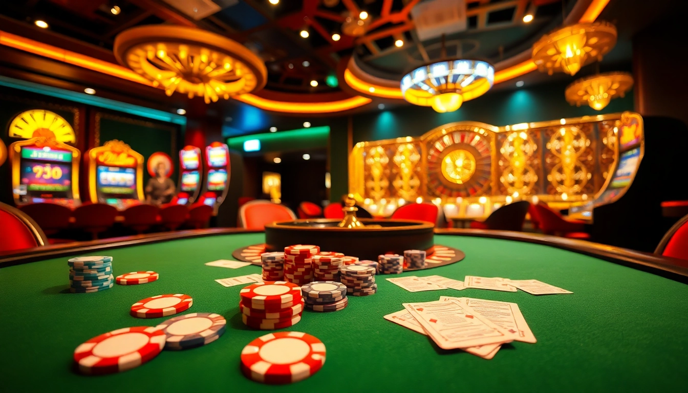 Experience thrilling gameplay at https://kjc.money/ with a vibrant poker table surrounded by colorful chips and bright slot machines.