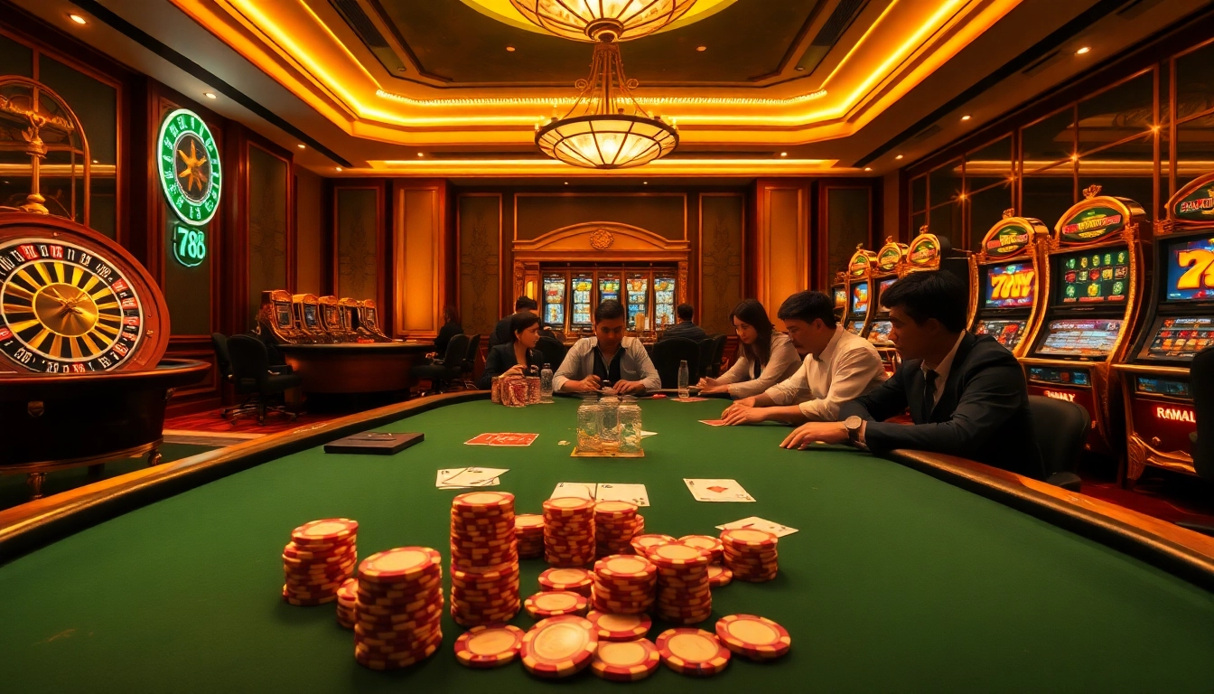 Experience the high-stakes excitement at fly88 casino with luxurious poker tables and gleaming slot machines.