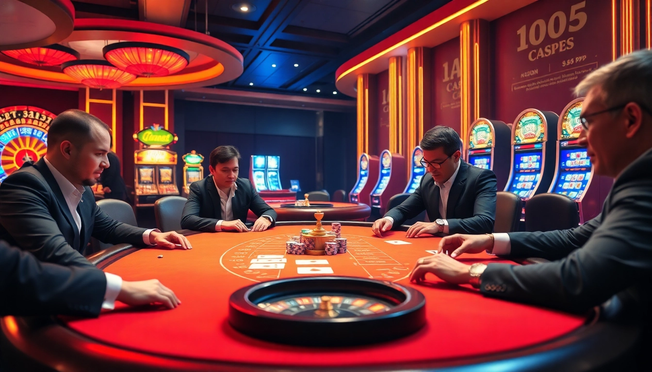 A thrilling scene from cổng game 789P with professional gamblers at a casino table, showcasing excitement and strategy.