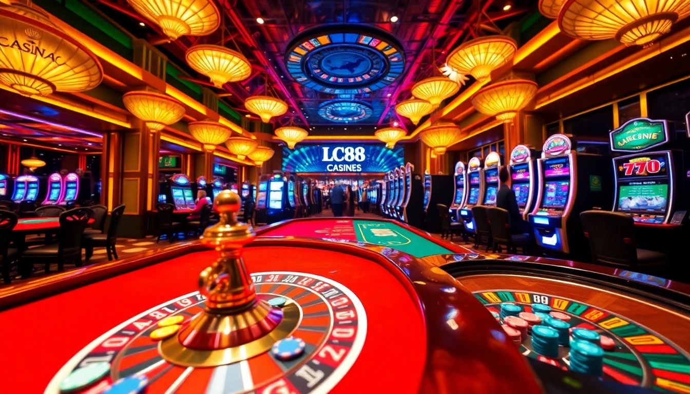 Engage in thrilling games at LC88's vibrant casino, featuring roulette and colorful betting chips.