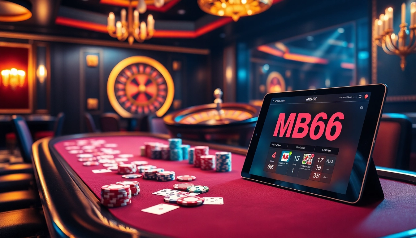 High-stakes poker action at a vibrant casino with MB66 branding visible on the betting interface.