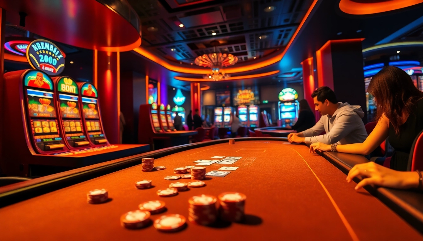 MM88 online casino scene showcasing exciting gaming atmosphere with vibrant lights and patrons at tables.