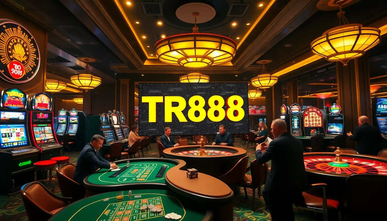 A thrilling casino scene at TR88 with engaged players at poker tables and vibrant slot machines.