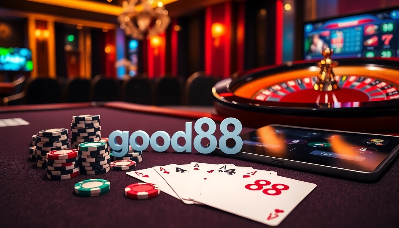 High-stakes poker chips and cards at a casino table promoting good88 excitement.