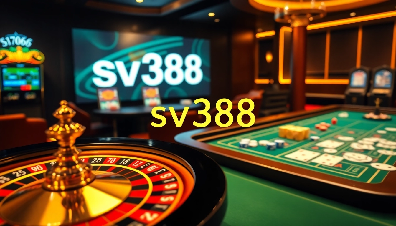 Engage with thrilling gameplay at SV388, showcasing roulette, poker chips, and casino elements.