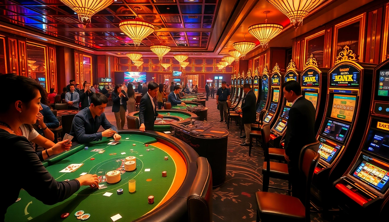 A vibrant scene at a luxury casino showcasing poker, roulette, and slot machines that embodies the excitement of 8day.cn.com gaming.