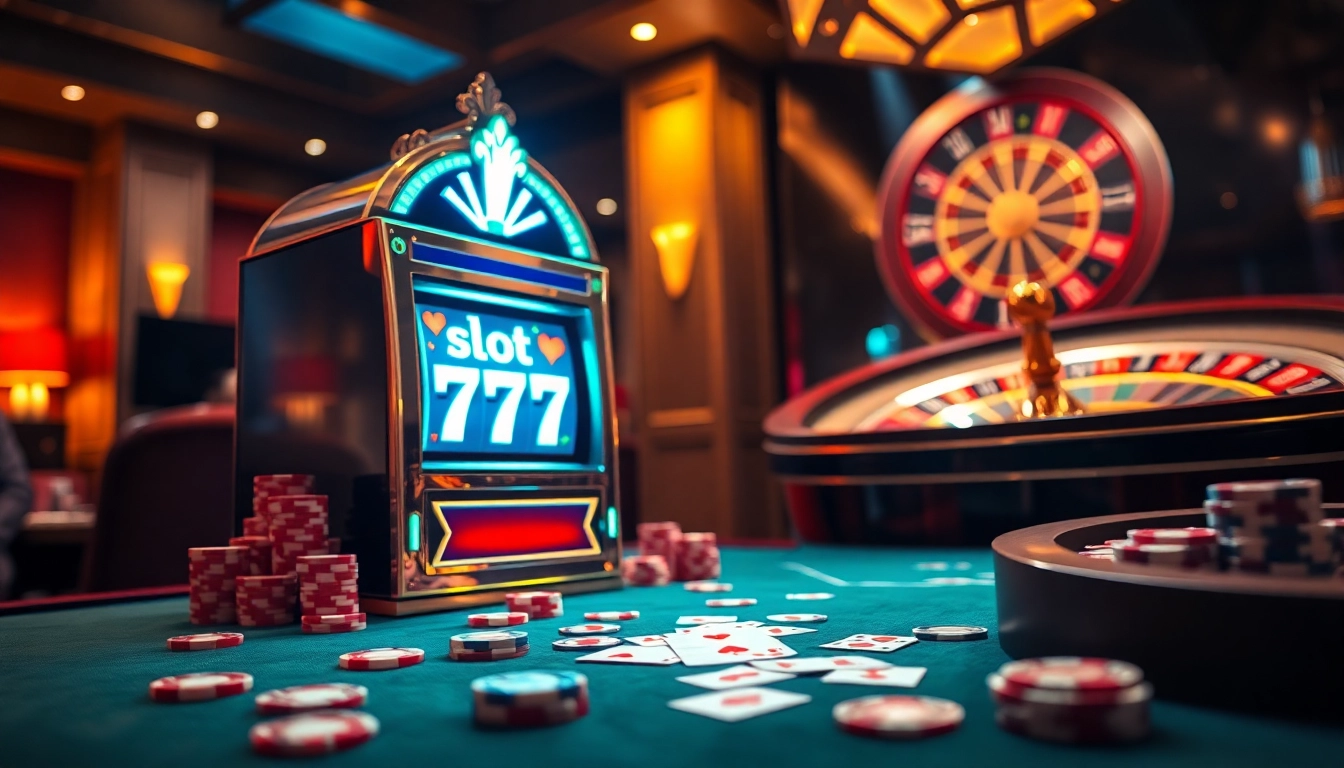 Experience the thrill of winning on slot777 with an array of vibrant slot machines and casino decor.