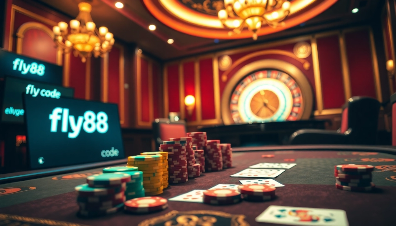 Engaging players using fly88 code at a luxurious casino table with poker chips and cards.