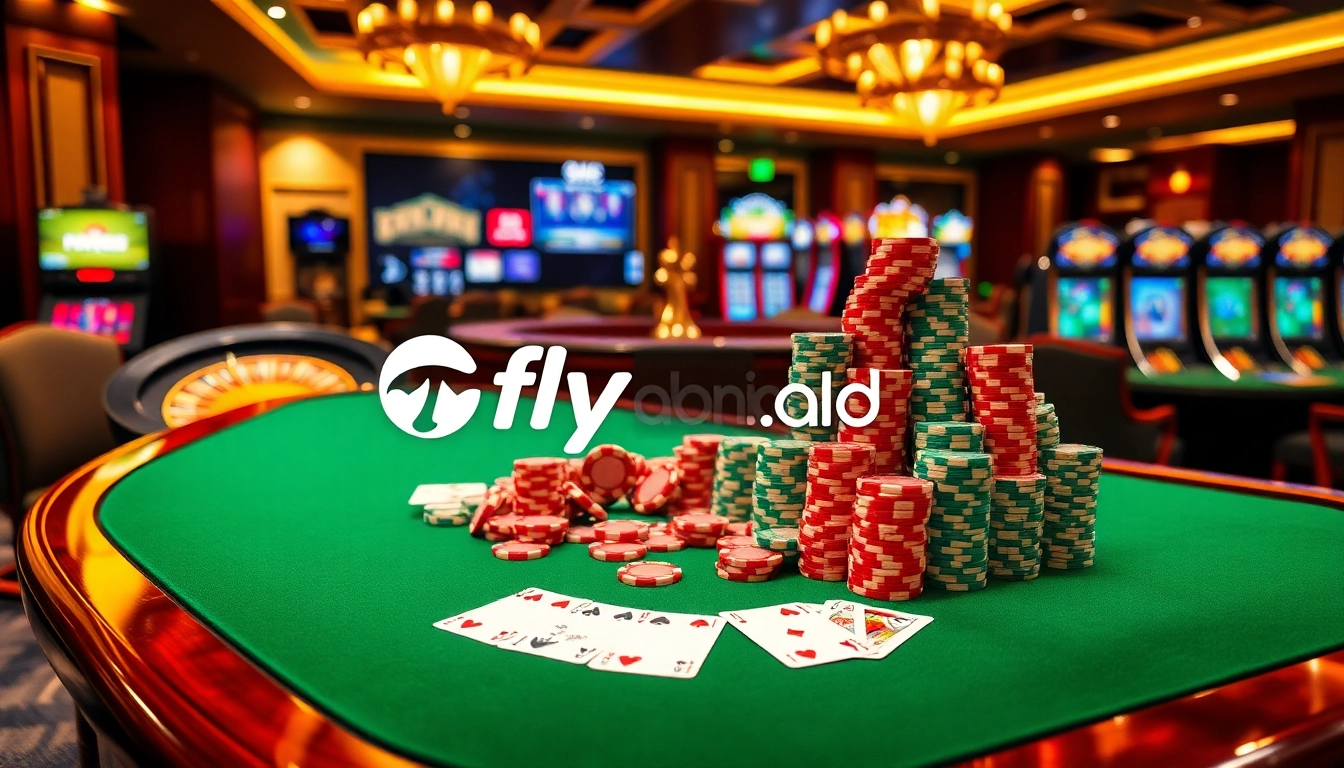 Engaging gambling action at fly88.ad, showcasing a vibrant casino table with poker chips and cards.