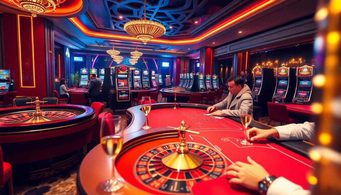 Players enjoying a lively atmosphere at Nhà Cái ABC8 online casino with roulette and poker tables.